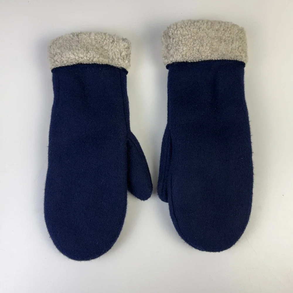 Navy Fleece Mittens Sherpa Cuff Made in USA Puffin Down